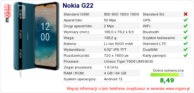 Dane telefonu Nokia G22
