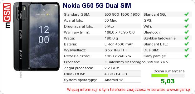 Dane telefonu Nokia G60 5G Dual SIM Dane telefonu Nokia G60 5G Dual SIM