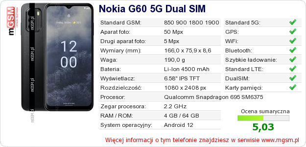 Dane telefonu Nokia G60 5G Dual SIM