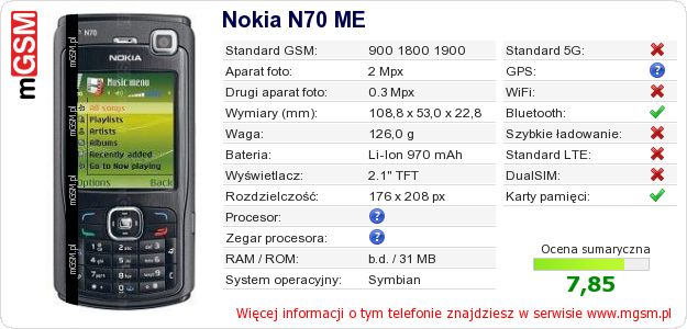 Dane telefonu Nokia N70 ME Dane telefonu Nokia N70 ME