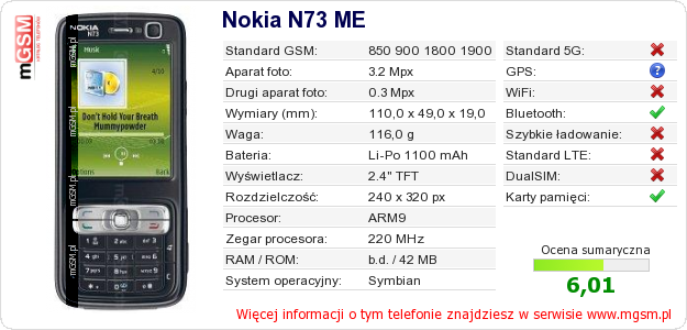 Dane telefonu Nokia N73 ME