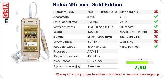 Dane telefonu Nokia N97 mini Gold Edition Dane telefonu Nokia N97 mini Gold Edition