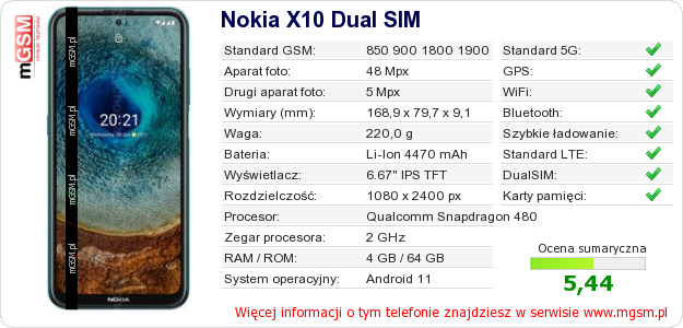 Dane telefonu Nokia X10 Dual SIM Dane telefonu Nokia X10 Dual SIM
