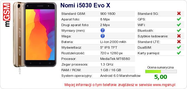 Dane telefonu Nomi i5030 Evo X Dane telefonu Nomi i5030 Evo X