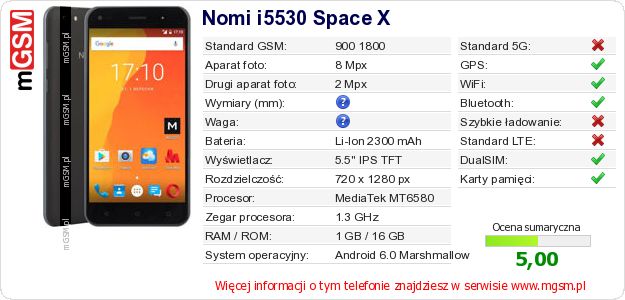 Dane telefonu Nomi i5530 Space X