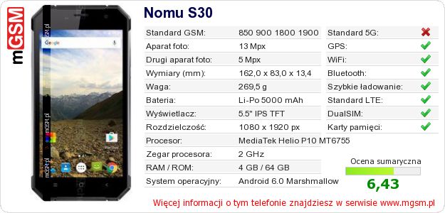 Dane telefonu Nomu S30 Dane telefonu Nomu S30