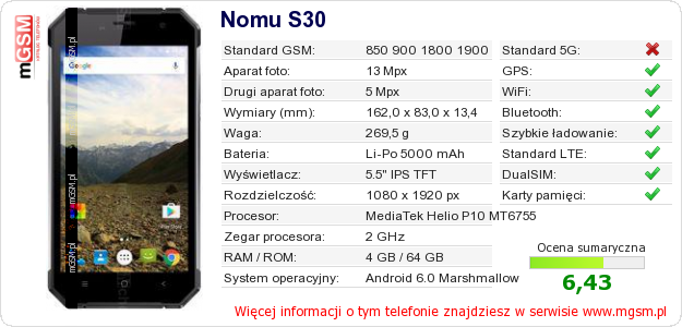 Dane telefonu Nomu S30