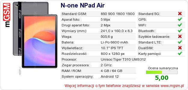 Dane telefonu N-one NPad Air Dane telefonu N-one NPad Air