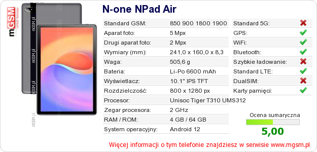 Dane telefonu N-one NPad Air