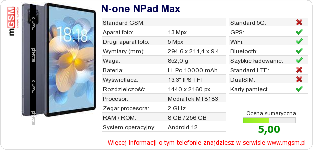 Dane telefonu N-one NPad Max