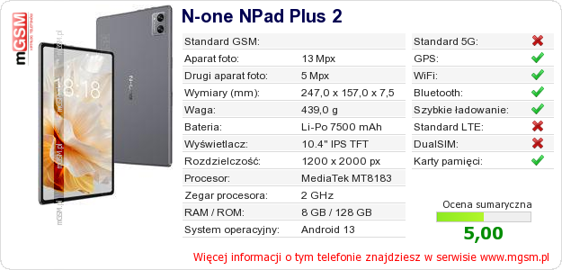 Dane telefonu N-one NPad Plus 2