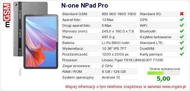 Dane telefonu N-one NPad Pro