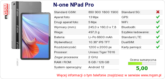 Dane telefonu N-one NPad Pro