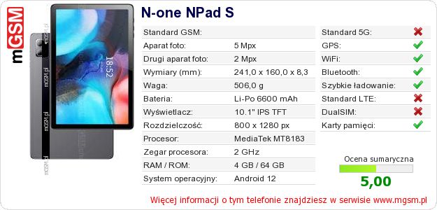 Dane telefonu N-one NPad S