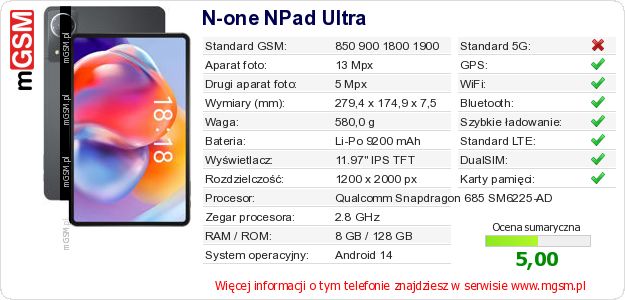 Dane telefonu N-one NPad Ultra