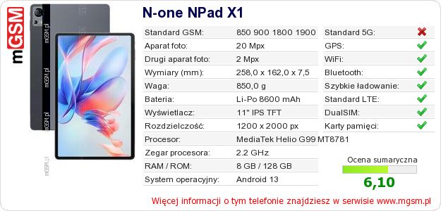 Dane telefonu N-one NPad X1