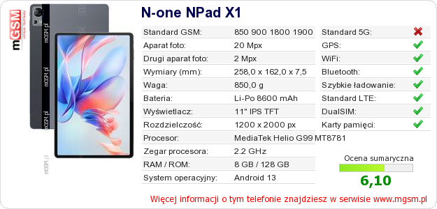 Dane telefonu N-one NPad X1