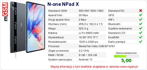 Dane telefonu N-one NPad X Dane telefonu N-one NPad X