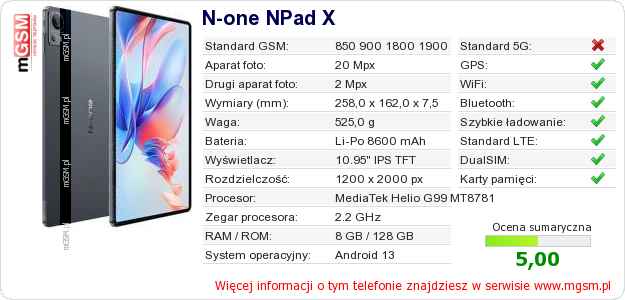 Dane telefonu N-one NPad X Dane telefonu N-one NPad X
