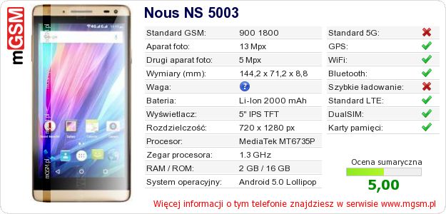 Dane telefonu Nous NS 5003