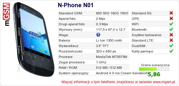Dane telefonu N-Phone N01