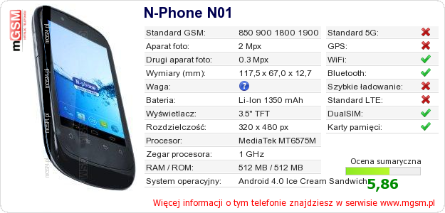 Dane telefonu N-Phone N01