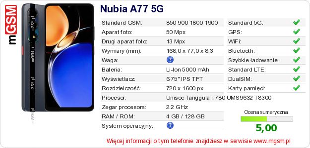 Dane telefonu Nubia A77 5G Dane telefonu Nubia A77 5G