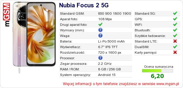Dane telefonu Nubia Focus 2 5G