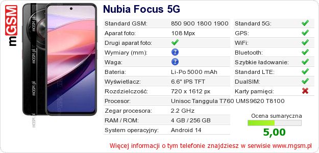 Dane telefonu Nubia Focus 5G