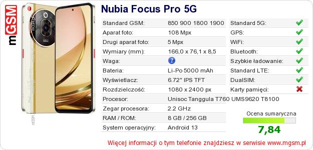 Dane telefonu Nubia Focus Pro 5G