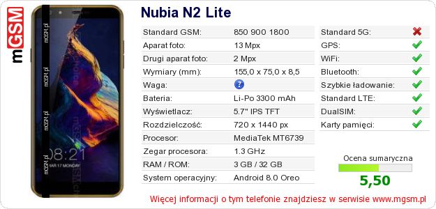 Dane telefonu Nubia N2 Lite