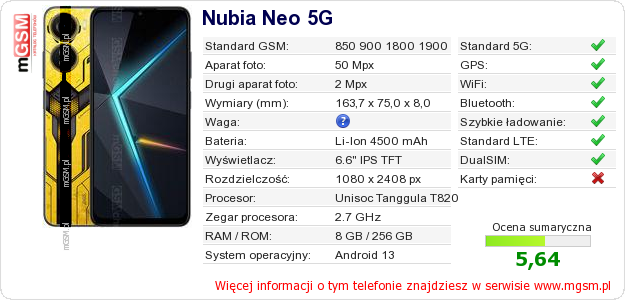 Dane telefonu Nubia Neo 5G