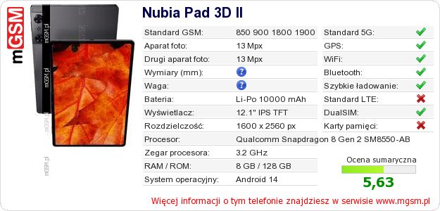 Dane telefonu Nubia Pad 3D II