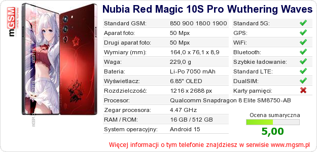 Dane telefonu Nubia Red Magic 10S Pro Wuthering Waves