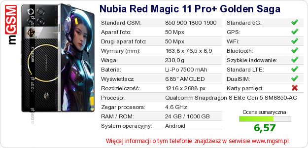 Dane telefonu Nubia Red Magic 11 Pro+ Golden Saga Dane telefonu Nubia Red Magic 11 Pro+ Golden Saga