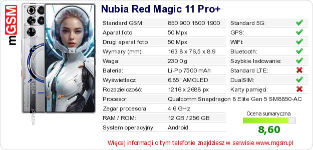 Dane telefonu Nubia Red Magic 11 Pro+ Dane telefonu Nubia Red Magic 11 Pro+