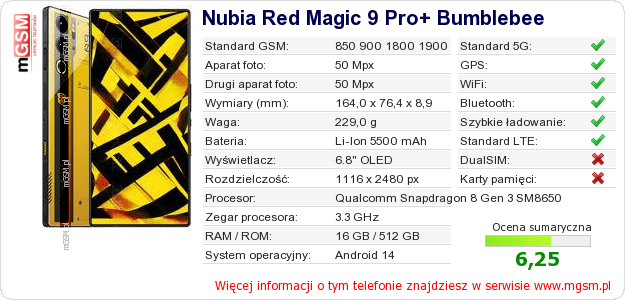 Dane telefonu Nubia Red Magic 9 Pro+ Bumblebee Dane telefonu Nubia Red Magic 9 Pro+ Bumblebee