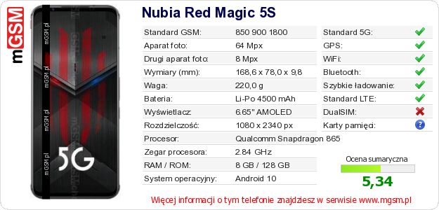 Dane telefonu Nubia Red Magic 5S Dane telefonu Nubia Red Magic 5S