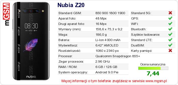 Dane telefonu Nubia Z20 Dane telefonu Nubia Z20