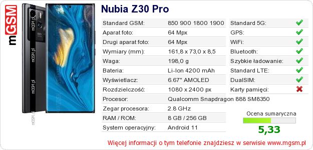 Dane telefonu Nubia Z30 Pro