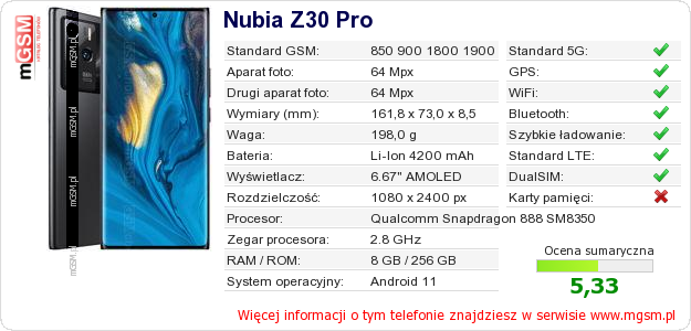 Dane telefonu Nubia Z30 Pro