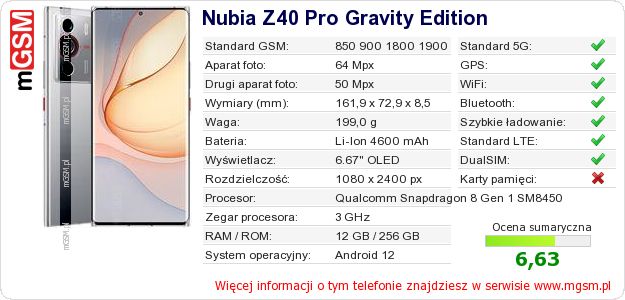 Dane telefonu Nubia Z40 Pro Gravity Edition