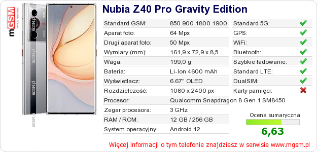 Dane telefonu Nubia Z40 Pro Gravity Edition Dane telefonu Nubia Z40 Pro Gravity Edition