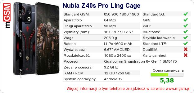 Dane telefonu Nubia Z40s Pro Ling Cage