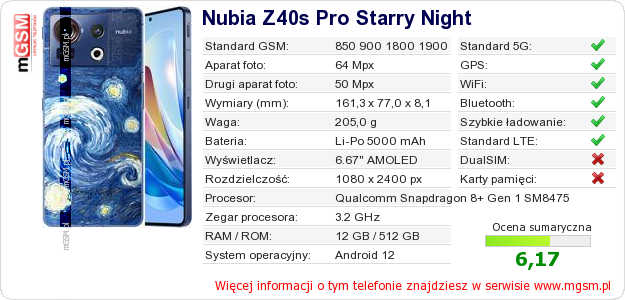 Dane telefonu Nubia Z40s Pro Starry Night