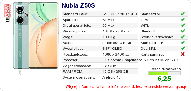 Dane telefonu Nubia Z50S