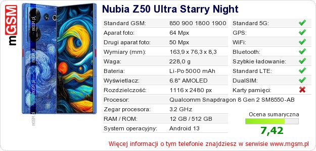 Dane telefonu Nubia Z50 Ultra Starry Night