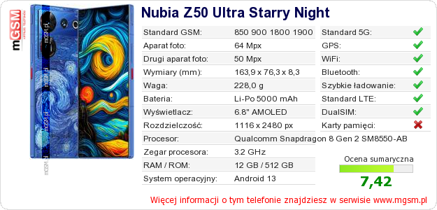 Dane telefonu Nubia Z50 Ultra Starry Night