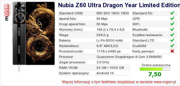 Dane telefonu Nubia Z60 Ultra Dragon Year Limited Edition