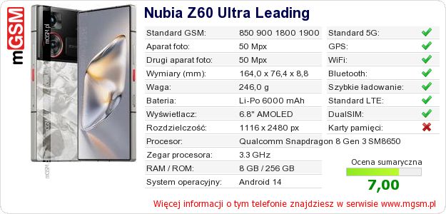 Dane telefonu Nubia Z60 Ultra Leading